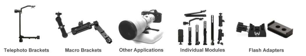 WimberleyTelephoto Bracket, Macro Bracket, Modules and Accessories collage