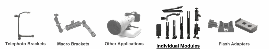 Collage of WimberleyTelephoto Bracket highlighted and Macro Bracket and modules and accessories