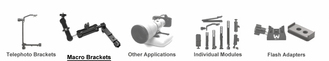 Collage of WimberleyTelephoto Bracket highlighted and Macro Bracket and modules and accessories