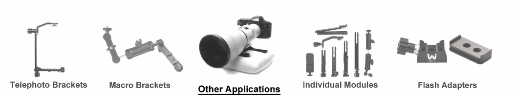 Collage of WimberleyTelephoto Bracket highlighted and Macro Bracket and modules and accessories