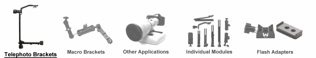 Collage of WimberleyTelephoto Bracket highlighted and Macro Bracket and modules and accessories