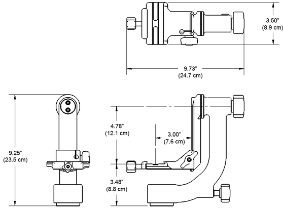 Line drawings of Wimberley Head Version II WH-200 with general dimensions